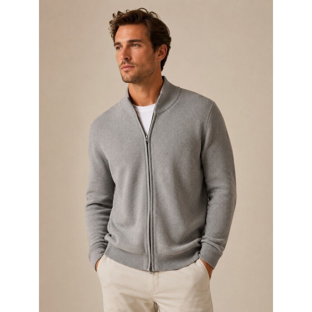 NWT Magaschoni Men’s Full Zip Cotton Waffle Knit Sweater Jacket Gray/Navy XL